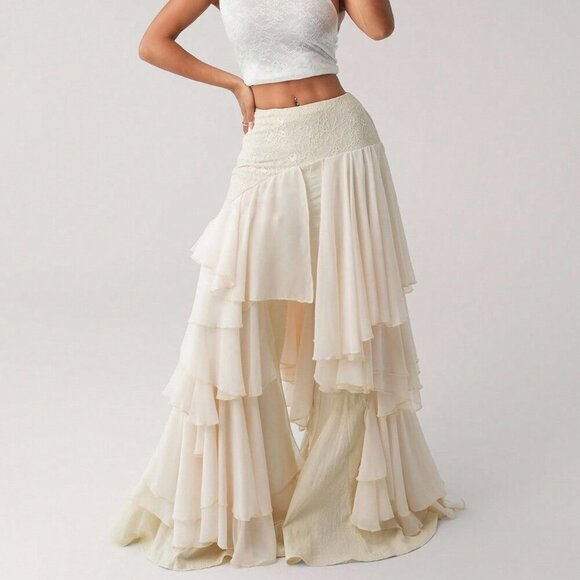 Beige Asymmetrical Party Women's Chiffon Ruffle Patchwork Loose Hem Pants - Picture 1 of 6